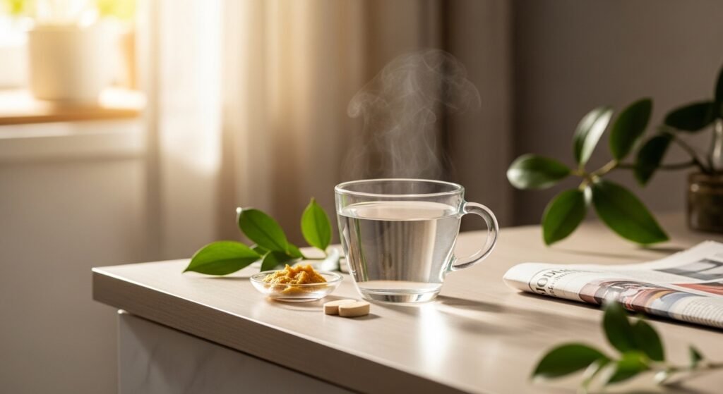 Warm water glass with lemon and honey for mixing natural herbal supplement for better absorption